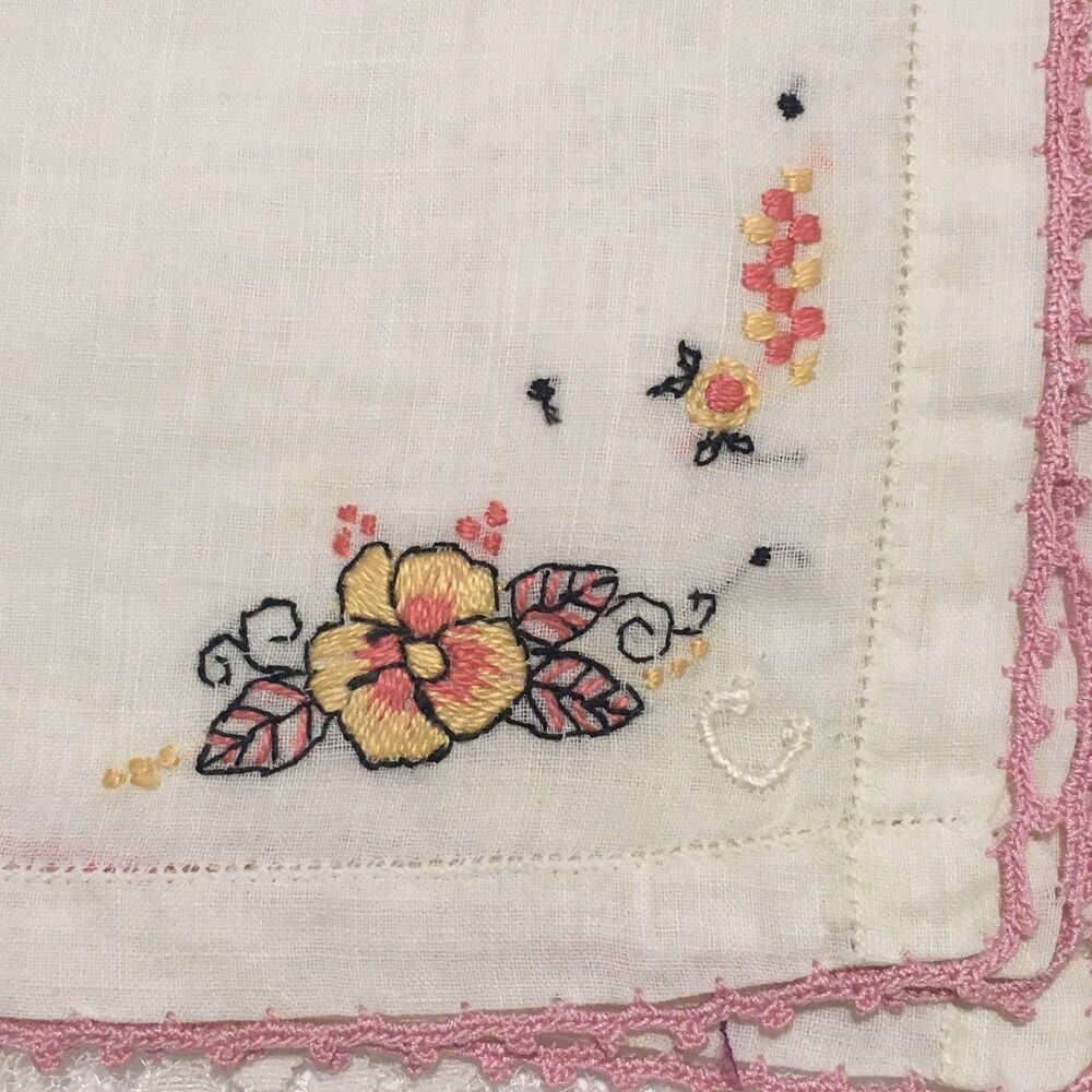 Vintage Hankerchief Pink Floral Embroidered Edge Florals 10x10